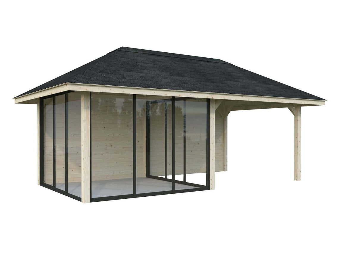 Bianca 206/506 (6x3m | 16,6m²) piharakennus kolmella liukulasiovella ja katoksella (saatavana tuplalasilla)