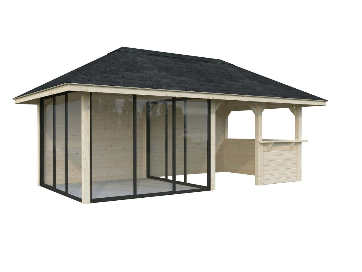 Bianca 208/508 (6x3m | 16,6m²) liukuovilla piharakennus puutarhabaarilla (saatavana tuplalasilla)