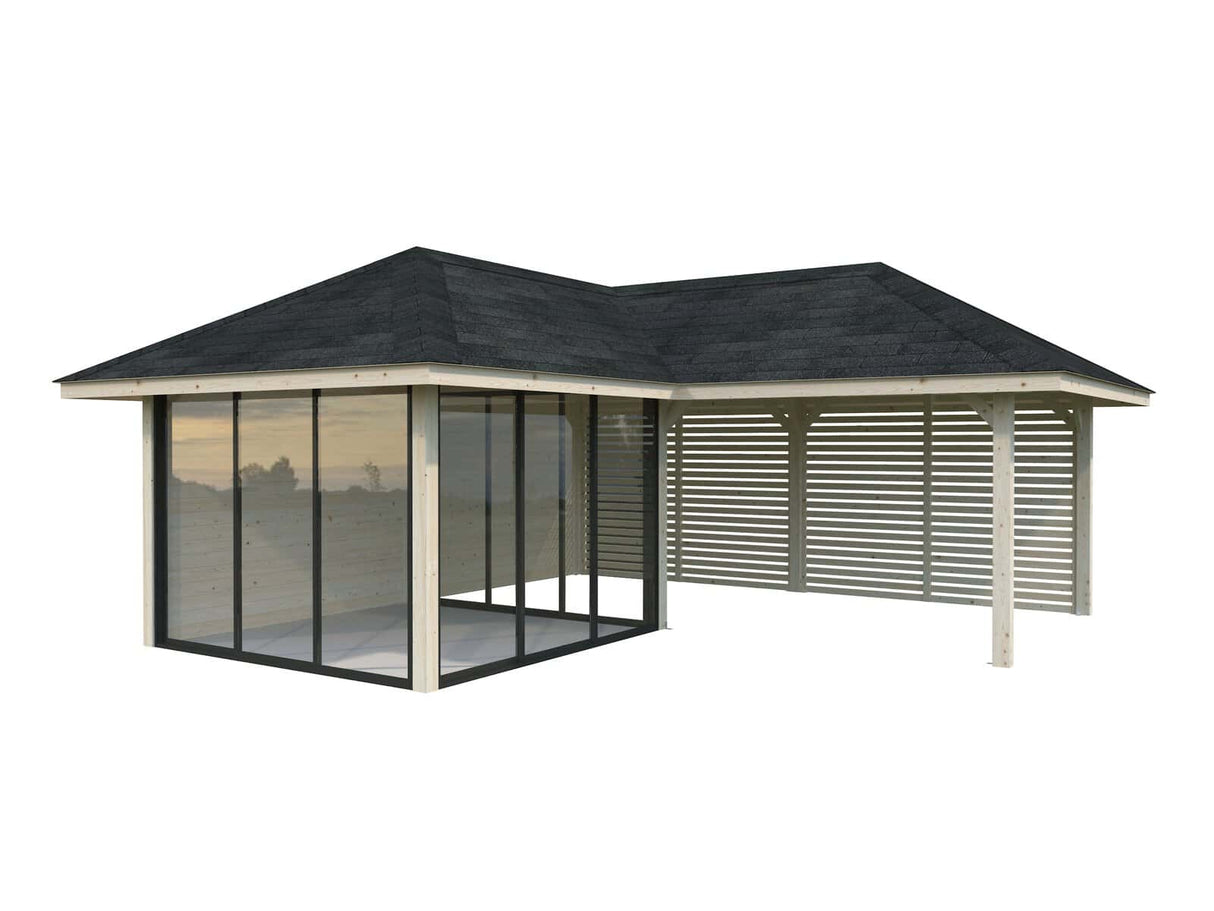 Bianca 211/511 (6x6m | 24,9m²) kulmakevytmökki liukuovilla ja sälekaihdinseinillä (saatavana tuplalasilla)