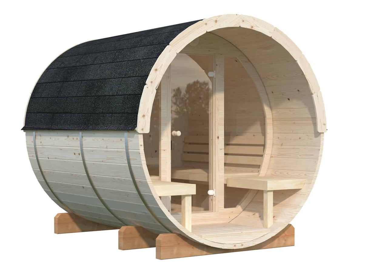 Anita M (2,2x2,5m | 1,3+0,7m² | 42mm) puinen tynnyrisauna lasiseinällä