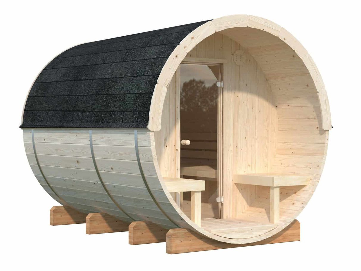 Anita L (2,2x2,9m | 1,6+0,7m² | 42mm) puinen tynnyrisauna