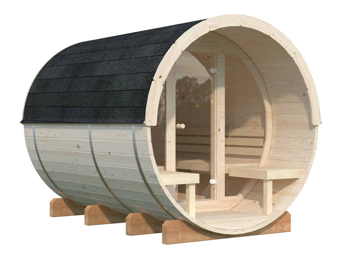 Anita L (2,2x2,9m | 1,6+0,7m² | 42mm) Puinen tynnyrisauna lasiseinällä