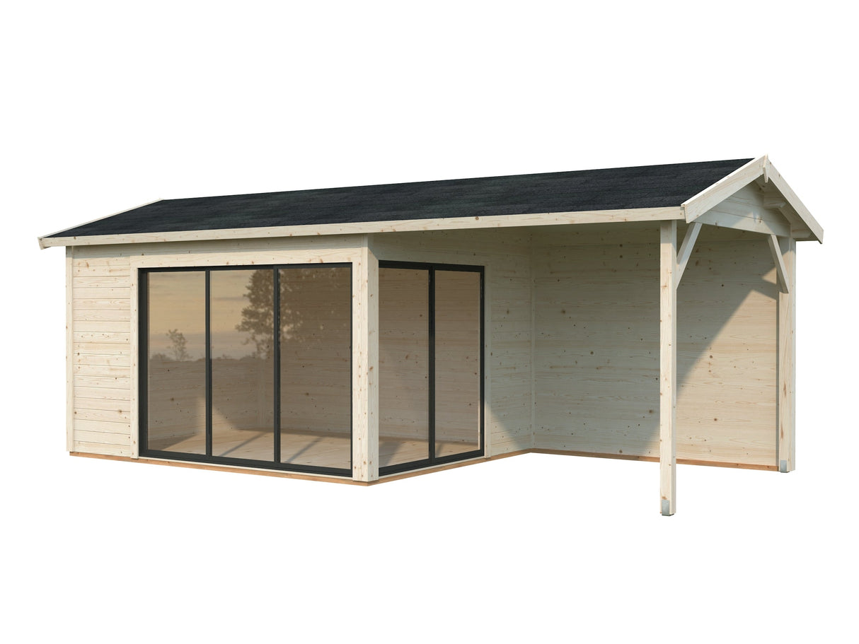 Amanda S+ (6,7x3m | 11,2+7,8 m2 | 44mm) Moderni vierasmaja katoksella ja liukuovilla (Saatavilla kaksoislasituksella)