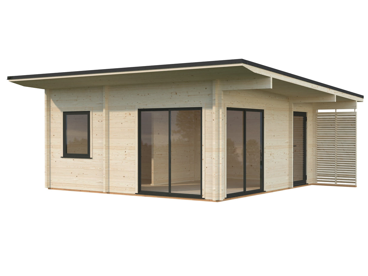 Cecilia L (5,6x5,6m | 27,2m² | 70mm) Tilava 2,5-huoneinen moderni kesämökki alumiiniovilla ja -ikkunoilla