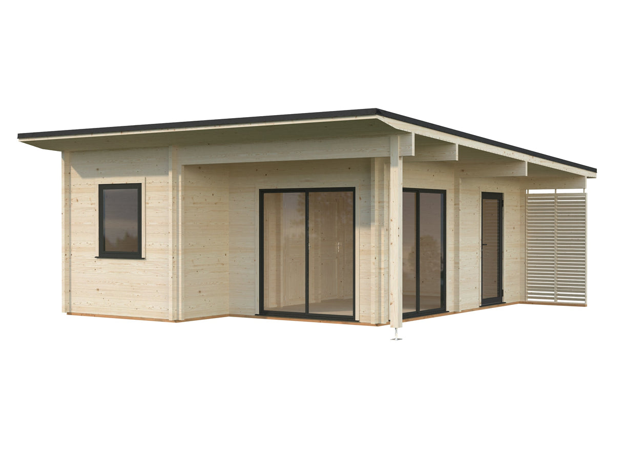 Cecilia XL(5,6x6,9m | 30m² | 70mm) Neljähuoneinen moderni kesämökki alumiiniovilla ja -ikkunoilla