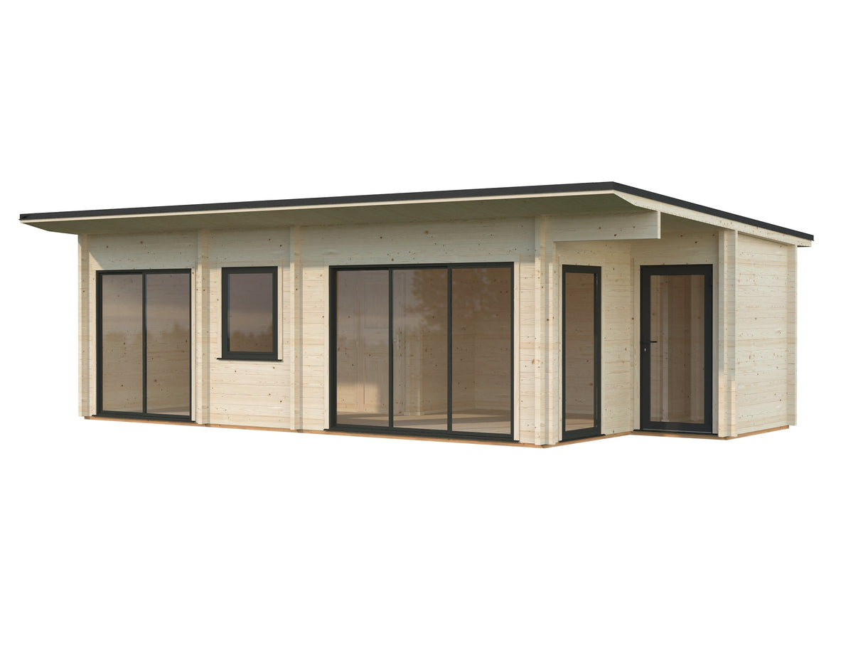 Cecilia XXL (9,1x4,4m | 32m² | 70mm) Tilava 3-huoneinen moderni kesämökki alumiiniovilla ja -ikkunoilla