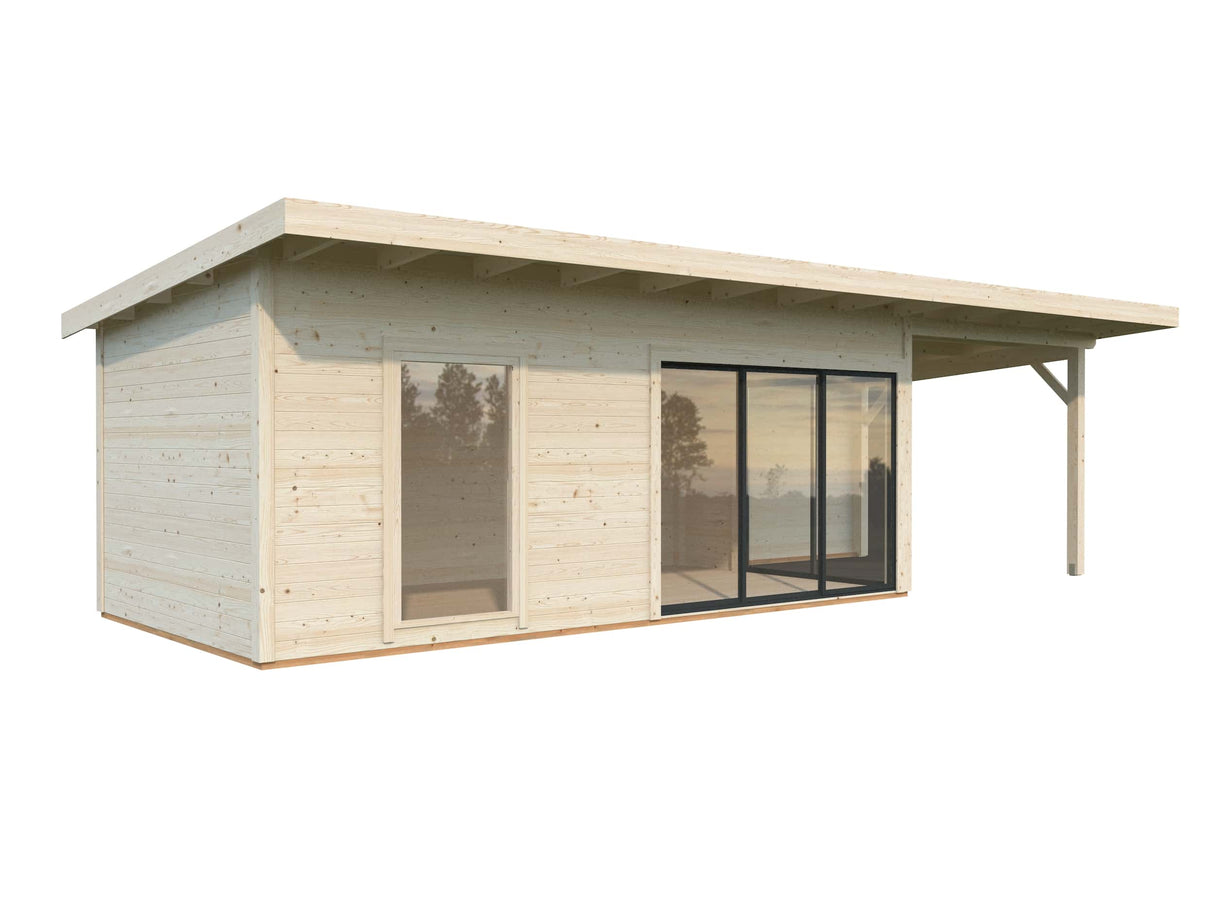 Andrea XL (9x3m | 17,1+7,9m² | 44mm) piharamökki liukuovilla (saatavana kaksilasitus)