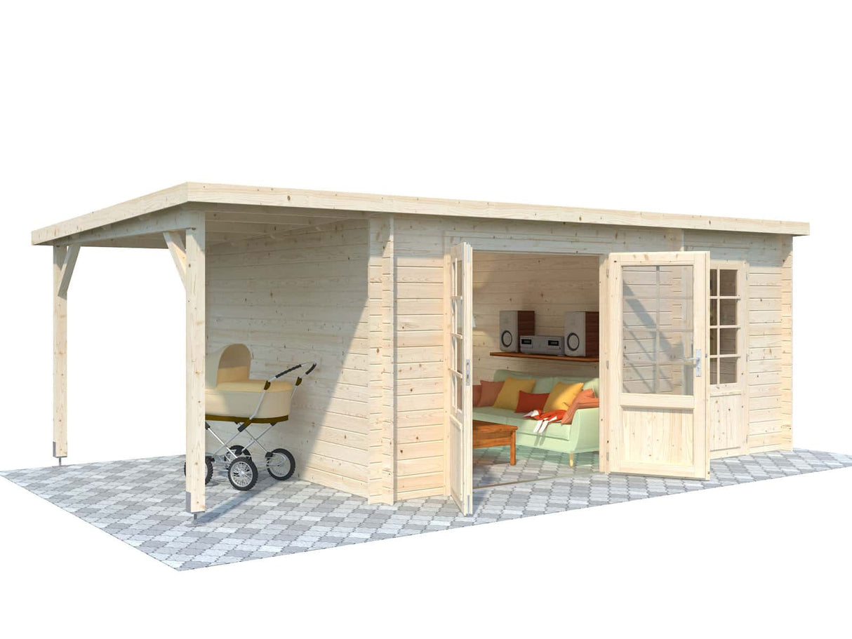 Ella (6,1x3,2m | 13,1+3,9m² | 28mm) Pulpettikattoinen kesämökki