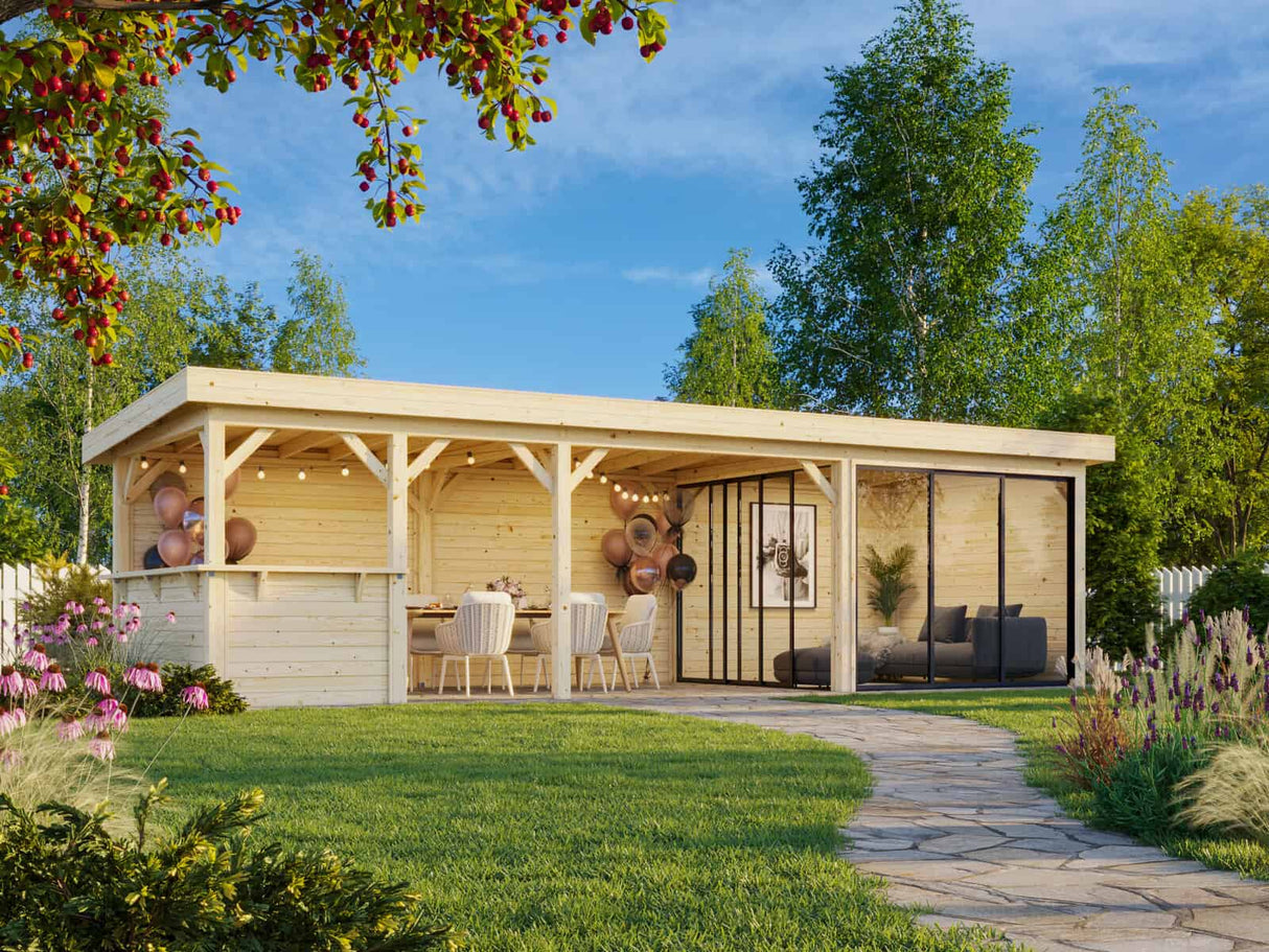 Lenna 415/715 (9x3m | 24,9m²) Lasinen piharakennus liukuovilla (Saatavana tuplalasilla)