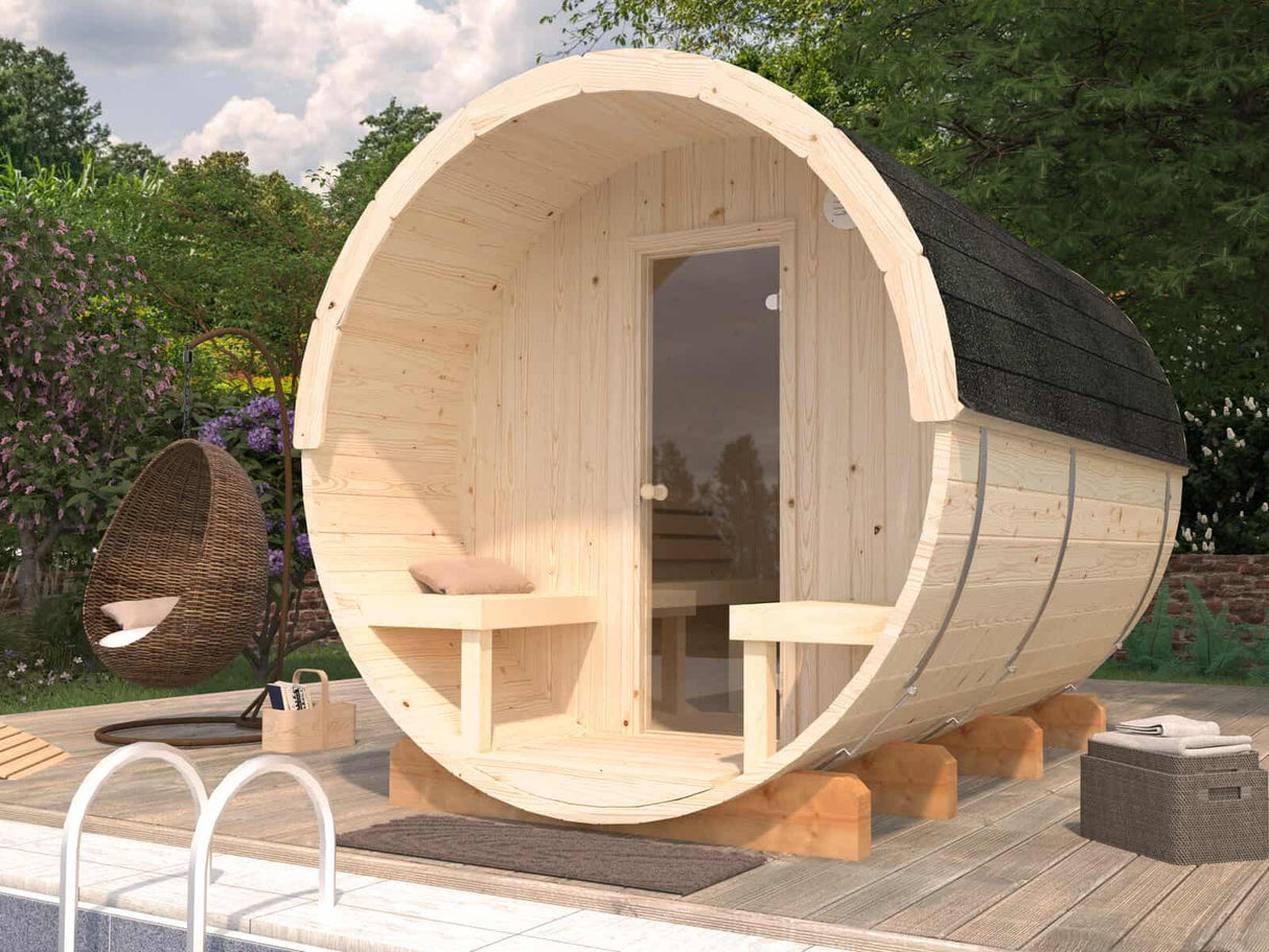Anita L (2,2x2,9m | 1,6+0,7m² | 42mm) puinen tynnyrisauna
