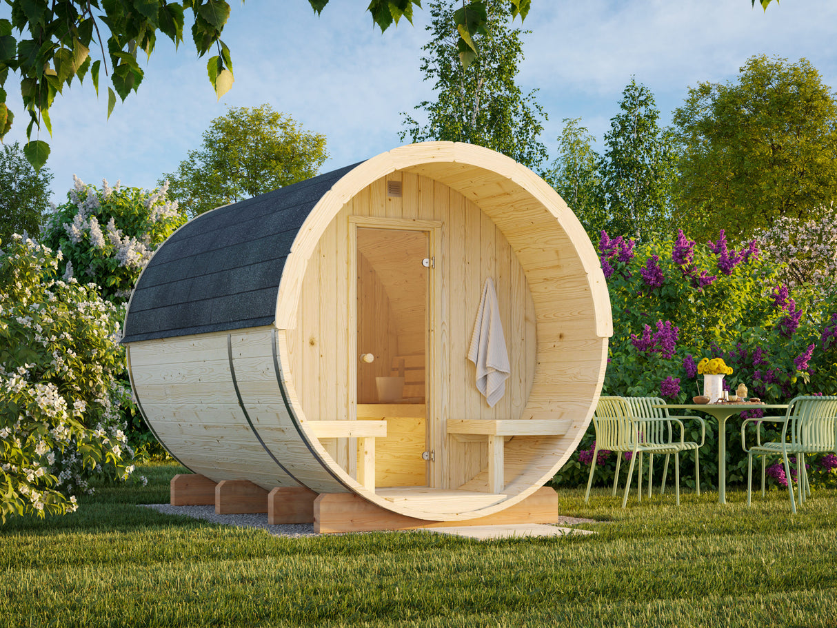 Anita L (2,2x2,9m | 1,6+0,7m² | 42mm) puinen tynnyrisauna