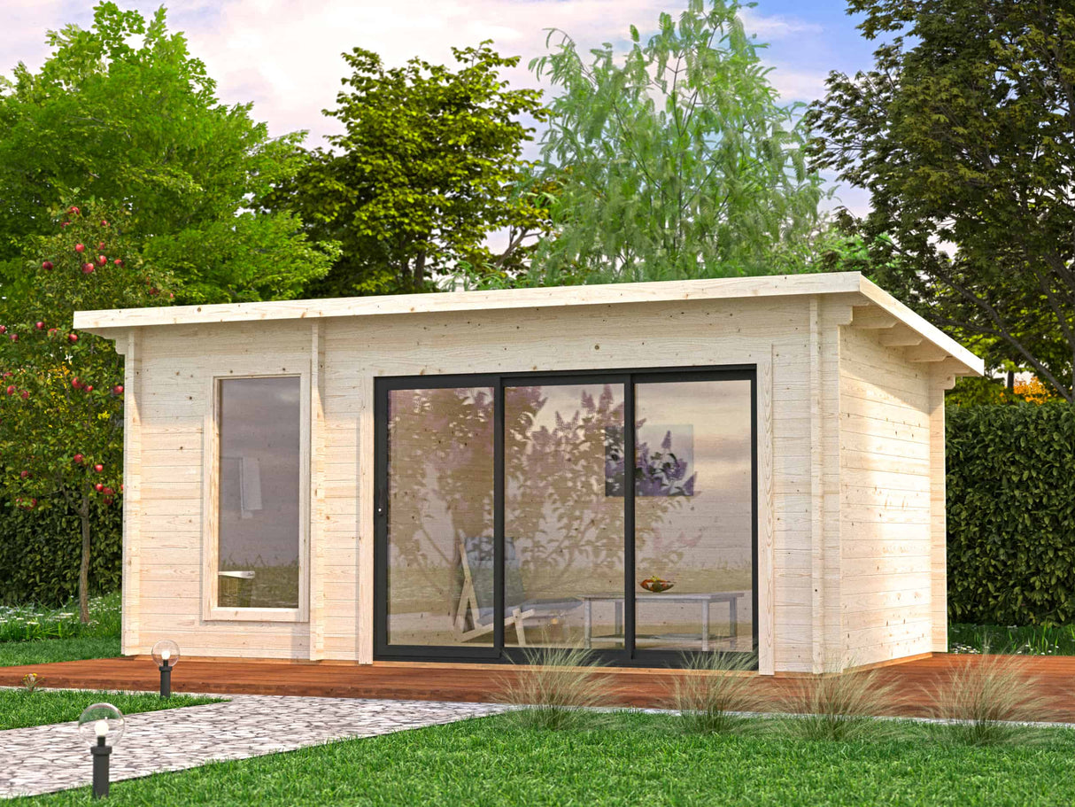 Sanna Sauna XL (5,2x2,9m | 12,8m² | 44mm) Moderni pihasauna tuplasillisilla liukuovilla
