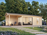 Amanda M+ (8,7x3m | 17,1+7,8 m2 | 44mm) Moderni vierasmaja katoksella ja liukuovilla (Saatavilla kaksoislasituksella)