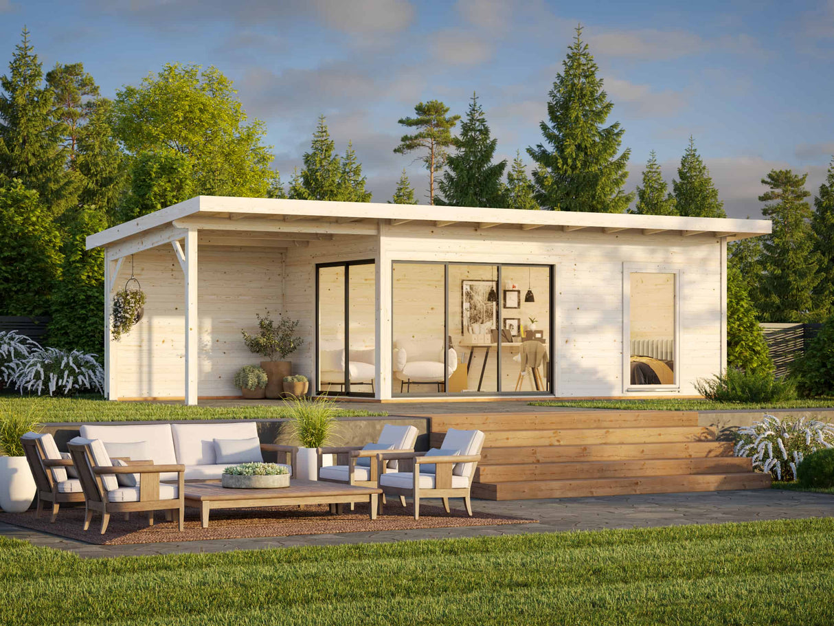 Andrea XL (9x3m | 17,1+7,9m² | 44mm) piharamökki liukuovilla (saatavana kaksilasitus)