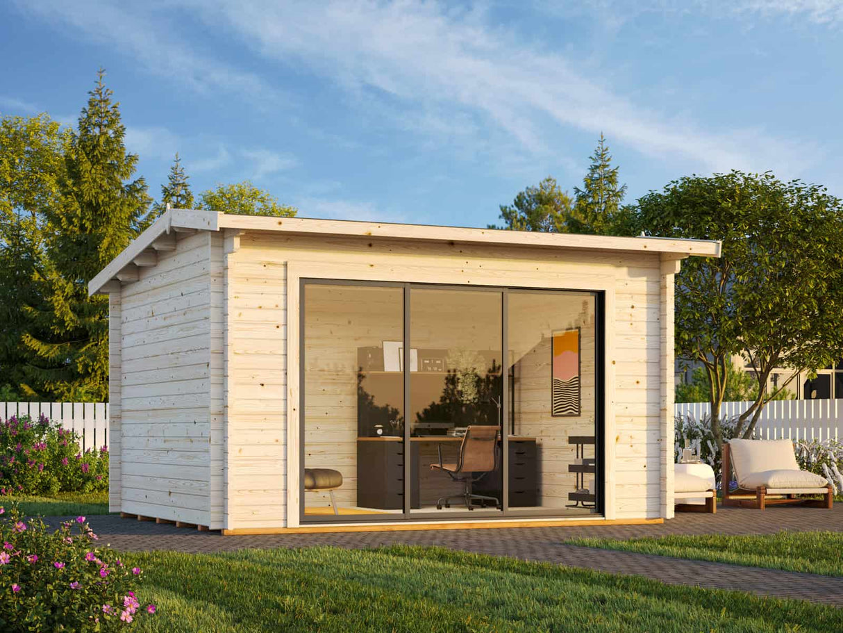 Ines M (3,9x3m | 11,1m² | 44mm) Moderni puutarhatoimisto liukuovilla (saatavana kaksinkertaiset lasit)