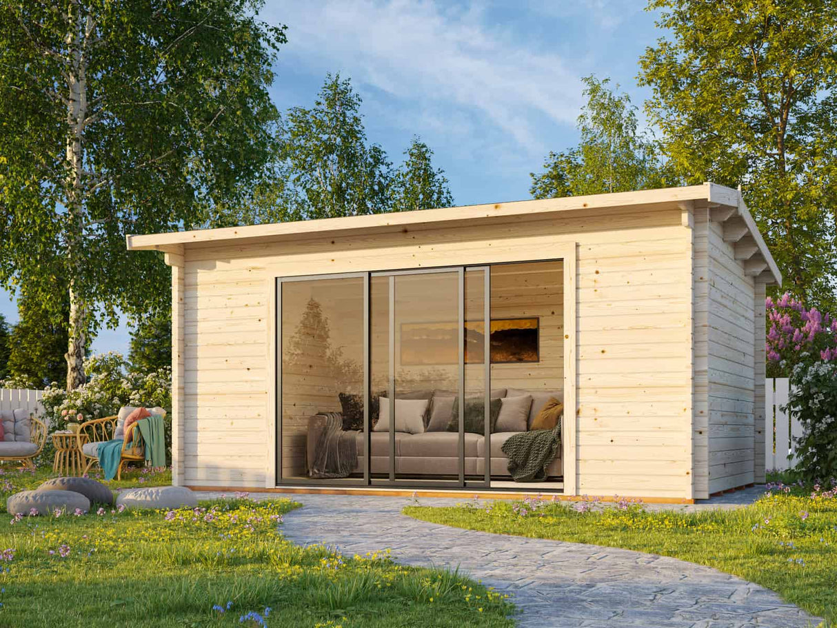 Ines L (4,8x3m | 13,7m² | 44mm) Tilava puutarhatoimisto liukuovilla (saatavana tupla-lasilla)