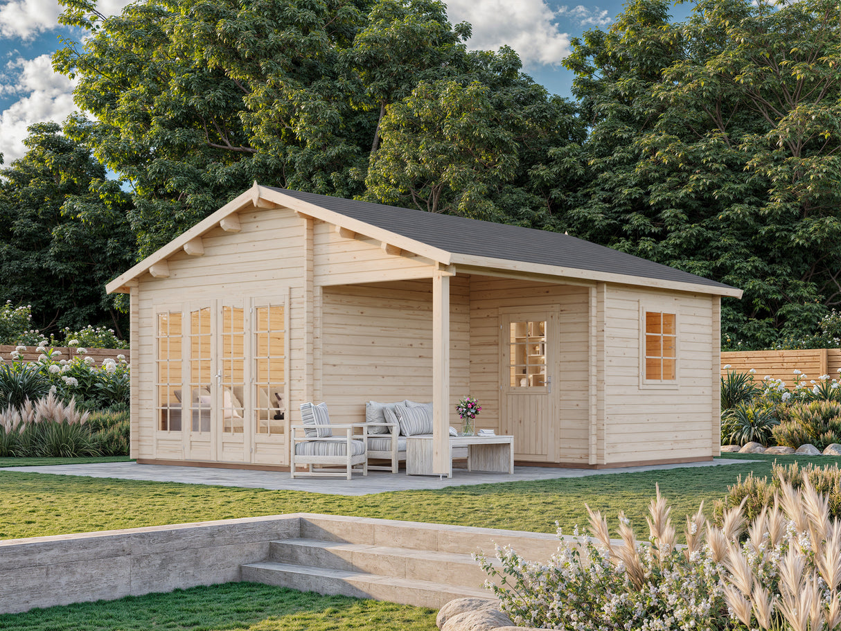 Irene XL (5,3x5,7m | 21,9+5,2m² | 44mm) Tilava kesämökki kuistilla