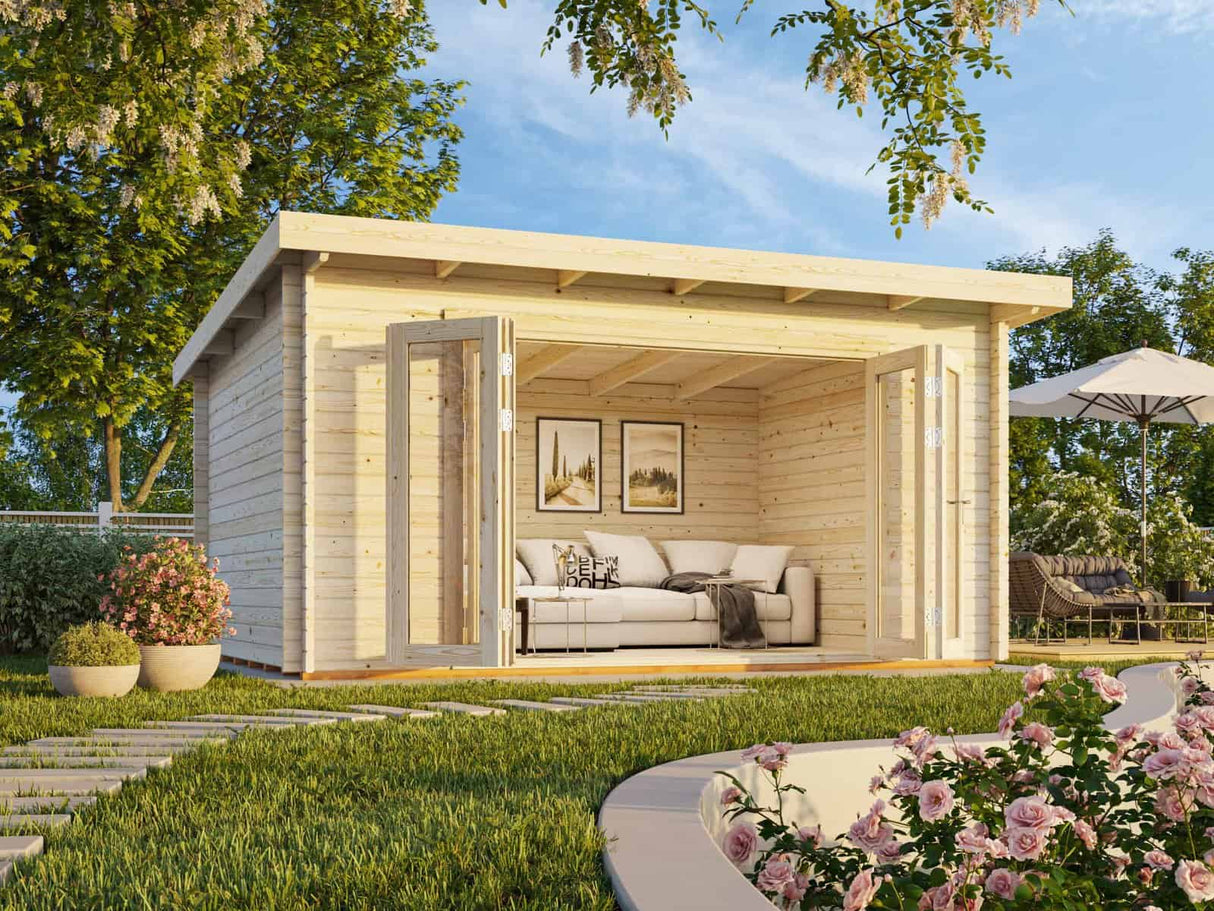 Lea M (4,5x3,3m | 14,2m² | 44mm) Tilava pulpettikattoinen piharakennus taitto-ovilla