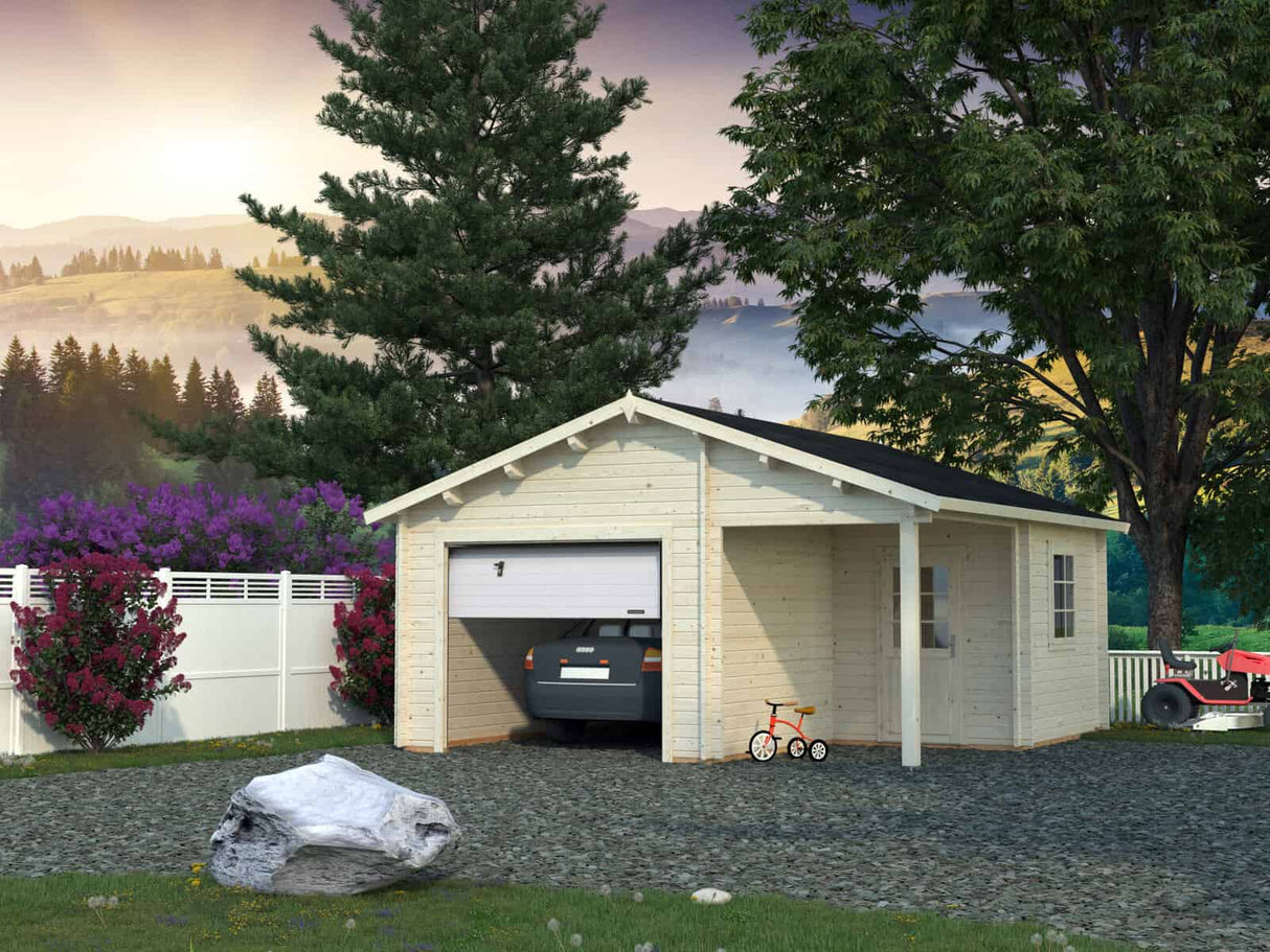 Roger M (5,3x5,7m | 21,9+5,2m² | 44mm) Autotalli nosto-ovella ja katoksella