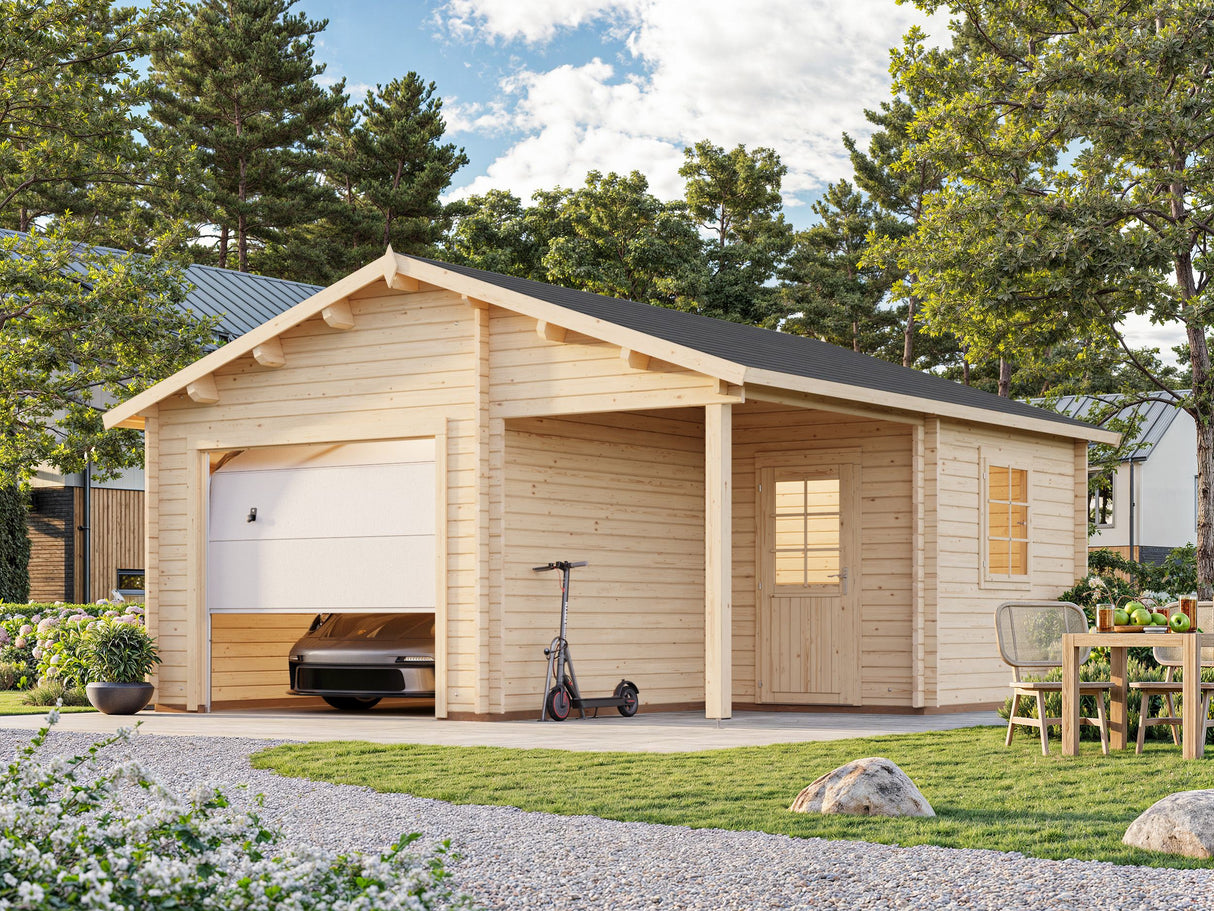 Roger M (5,3x5,7m | 21,9+5,2m² | 44mm) Autotalli nosto-ovella ja katoksella