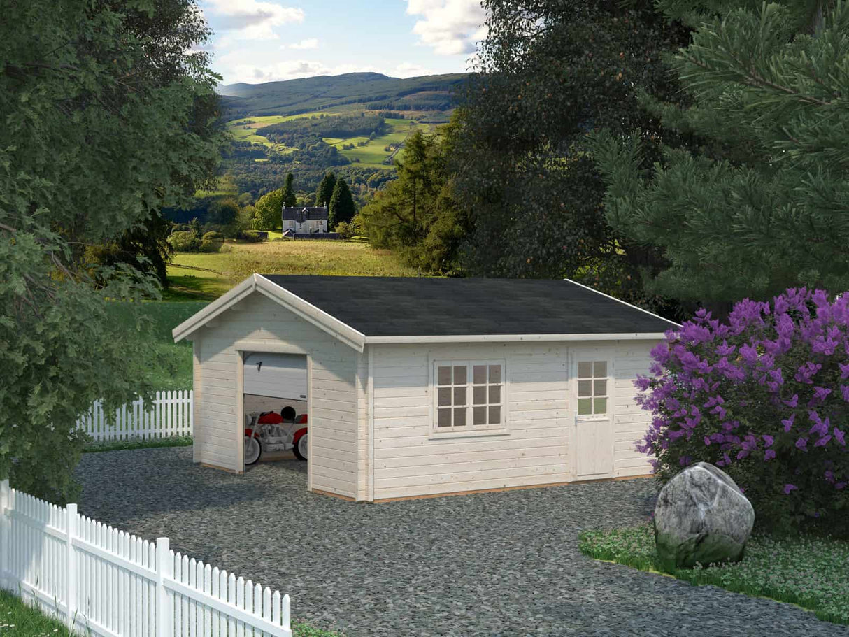 Roger L (5,6x5,6m | 27,7m² | 70mm) Tilava autotalli nosto-ovella