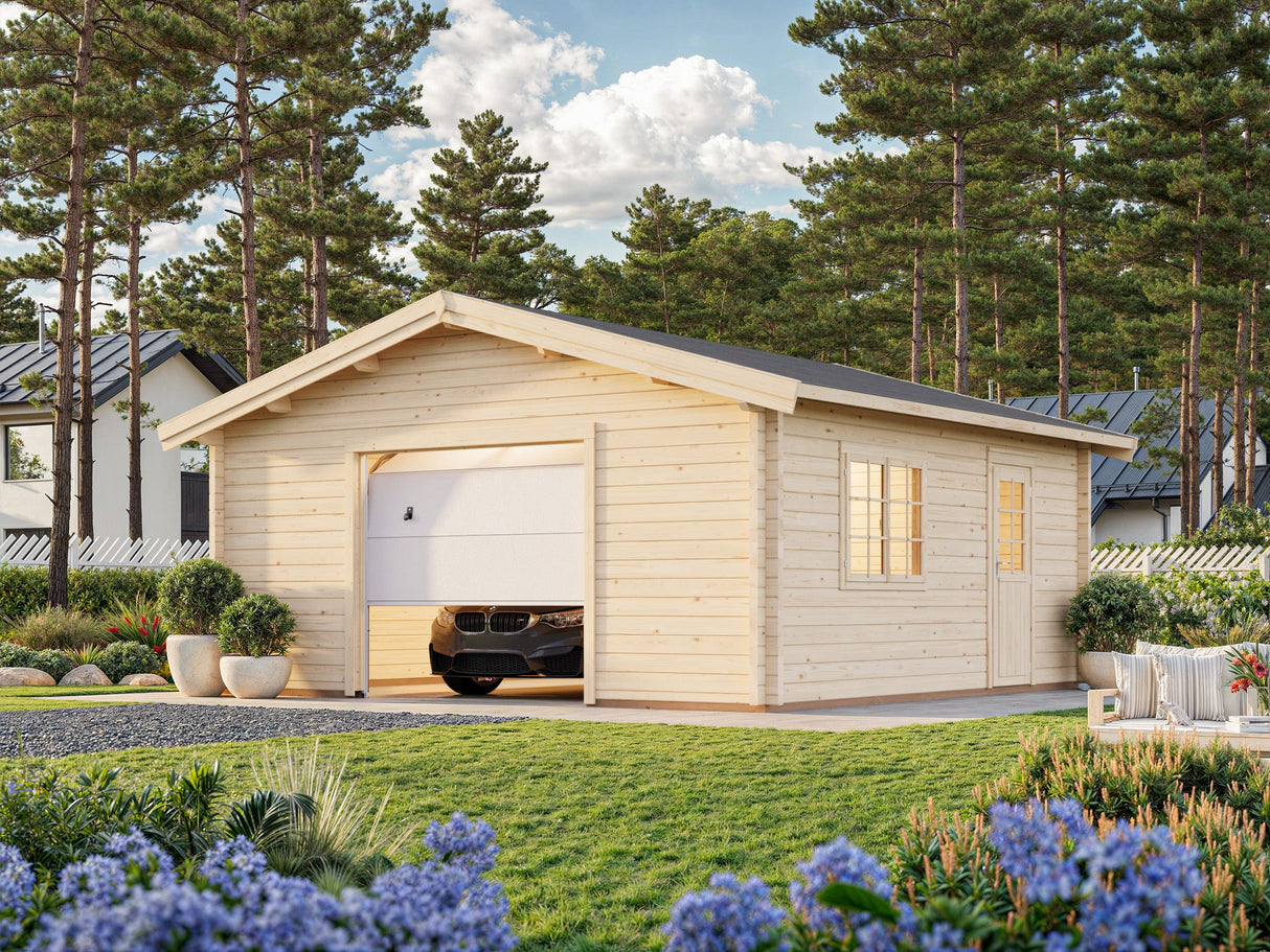 Roger L (5,6x5,6m | 27,7m² | 70mm) Tilava autotalli nosto-ovella
