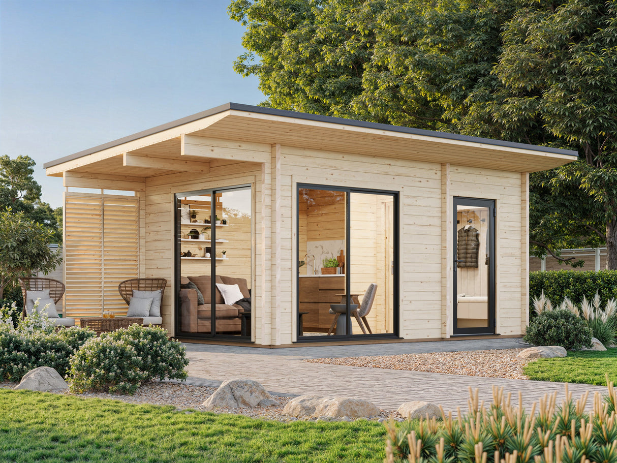 Cecilia S (5,2x3,3m | 14,2m² | 70mm) Kaksihuoneinen moderni kesämökki alumiiniovilla ja -ikkunoilla