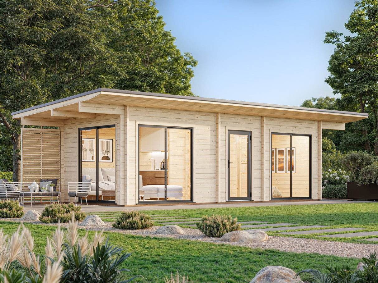 Cecilia M (7,8x3,3m | 21,8m² | 70mm) Kolmehuoneinen moderni kesämökki alumiiniovilla ja -ikkunoilla