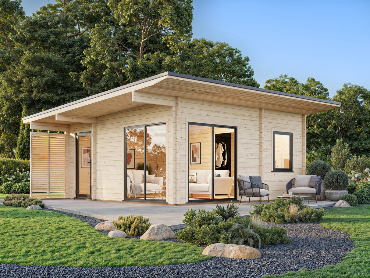 Cecilia L (5,6x5,6m | 27,2m² | 70mm) Tilava 2,5-huoneinen moderni kesämökki alumiiniovilla ja -ikkunoilla