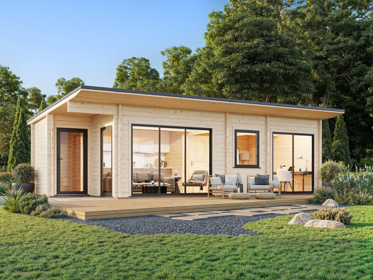 Cecilia XXL (9,1x4,4m | 32m² | 70mm) Tilava 3-huoneinen moderni kesämökki alumiiniovilla ja -ikkunoilla