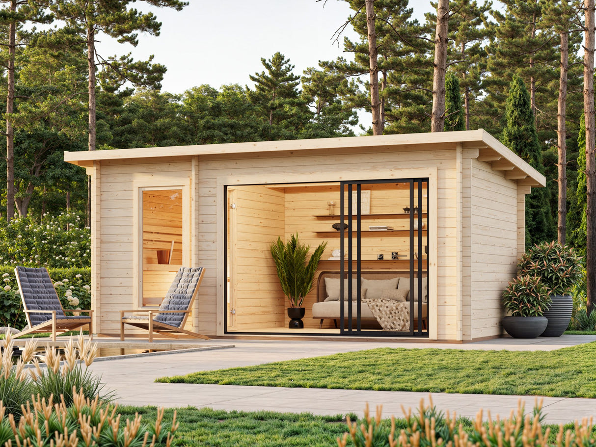 Sanna Sauna XL (5,2x2,9m | 12,8m² | 44mm) Moderni pihasauna liukuovilla