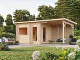 Sanna M+ (6,5x2,5m | 6,8+5,9m² | 44mm) Moderni pihasauna pukuhuoneella ja katoksella