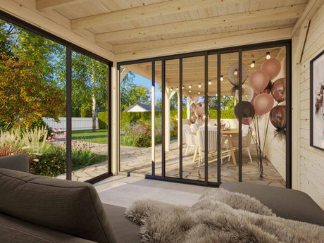 Lenna 415/715 (9x3m | 24,9m²) Lasinen piharakennus liukuovilla (Saatavana tuplalasilla)