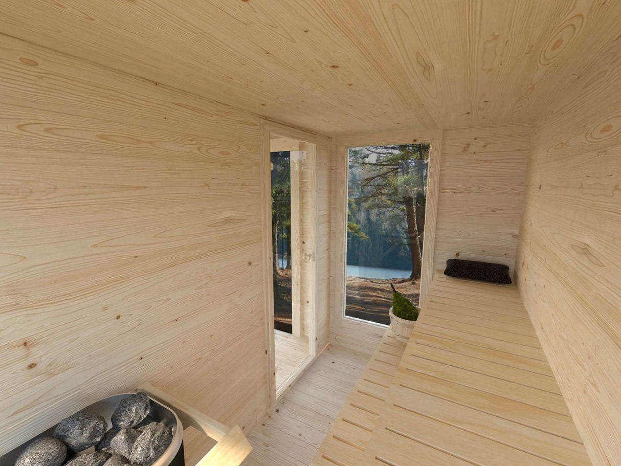 Sanna Sauna XL (5,2x2,9m | 12,8m² | 44mm) Moderni pihasauna tuplasillisilla liukuovilla