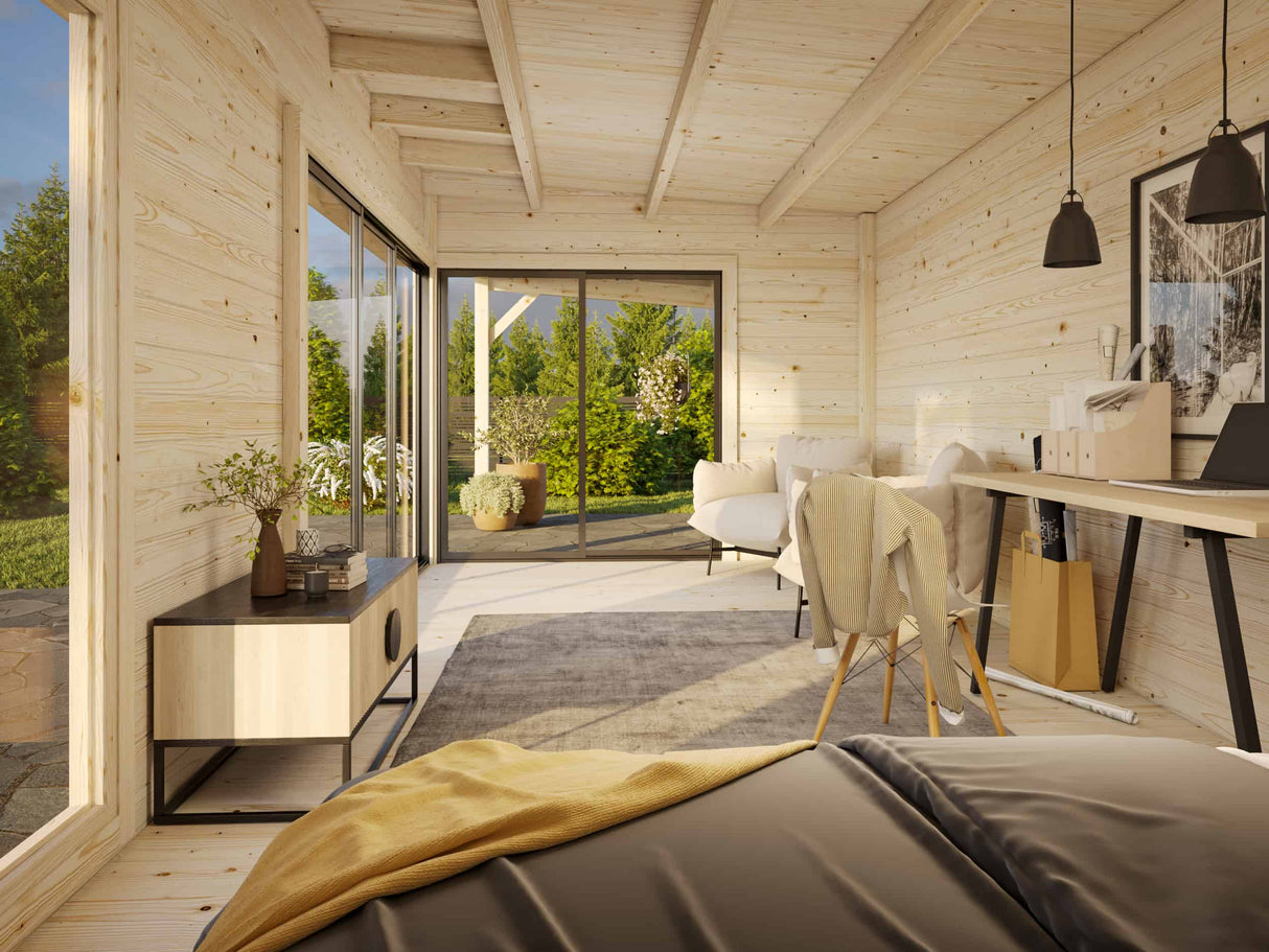 Andrea XL (9x3m | 17,1+7,9m² | 44mm) piharamökki liukuovilla (saatavana kaksilasitus)