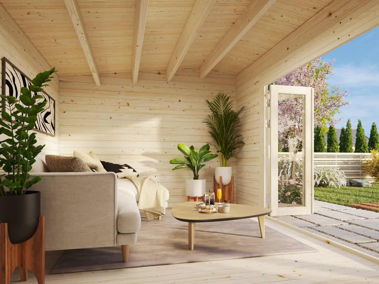 Ines L (4,8x3m | 13,7m² | 44mm) Tilava puutarhatoimisto taitto-ovilla