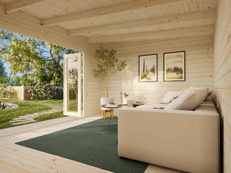 Lea M (4,5x3,3m | 14,2m² | 44mm) Tilava pulpettikattoinen piharakennus taitto-ovilla