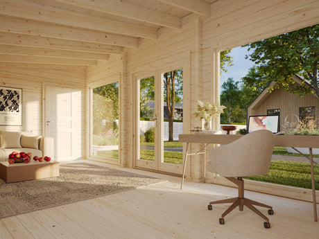 Heidi XL (8,4x3,2m | 22,8m² | 70mm) Tilava 2-huoneinen pulpettikattoinen kesämökki