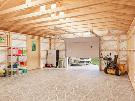 Andre M (5,6x5,8m | 28,5m²) iso hirsiautotalli nosto-ovella