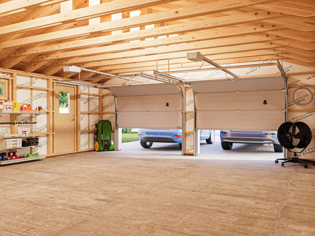 Andre L (6,7x7,4m | 44,7m²) iso tupla-autotalli nosto-ovilla