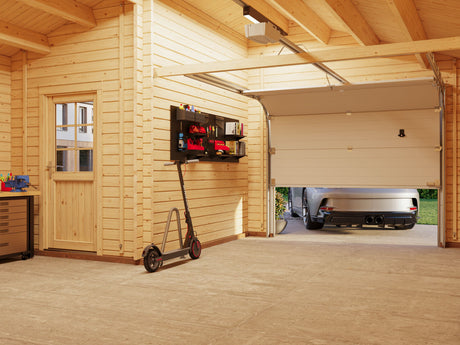 Roger M (5,3x5,7m | 21,9+5,2m² | 44mm) Autotalli nosto-ovella ja katoksella