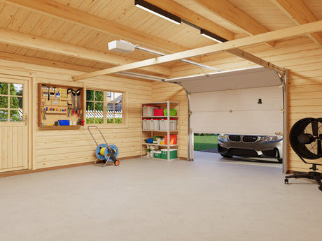 Roger L (5,6x5,6m | 27,7m² | 70mm) Tilava autotalli nosto-ovella