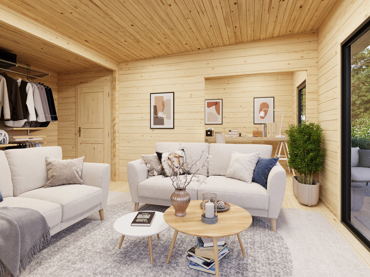 Cecilia L (5,6x5,6m | 27,2m² | 70mm) Tilava 2,5-huoneinen moderni kesämökki alumiiniovilla ja -ikkunoilla