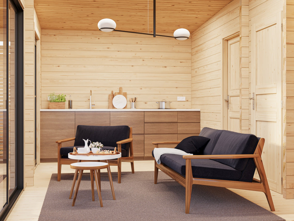 Cecilia XL(5,6x6,9m | 30m² | 70mm) Neljähuoneinen moderni kesämökki alumiiniovilla ja -ikkunoilla