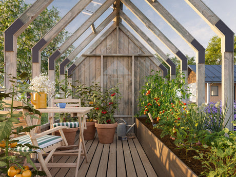 Emilia M+ (2,4x5,5 m | 8,2 + 4,0 m² | 18 mm) Kasvihuone ja työkaluvaja – painekyllästetty