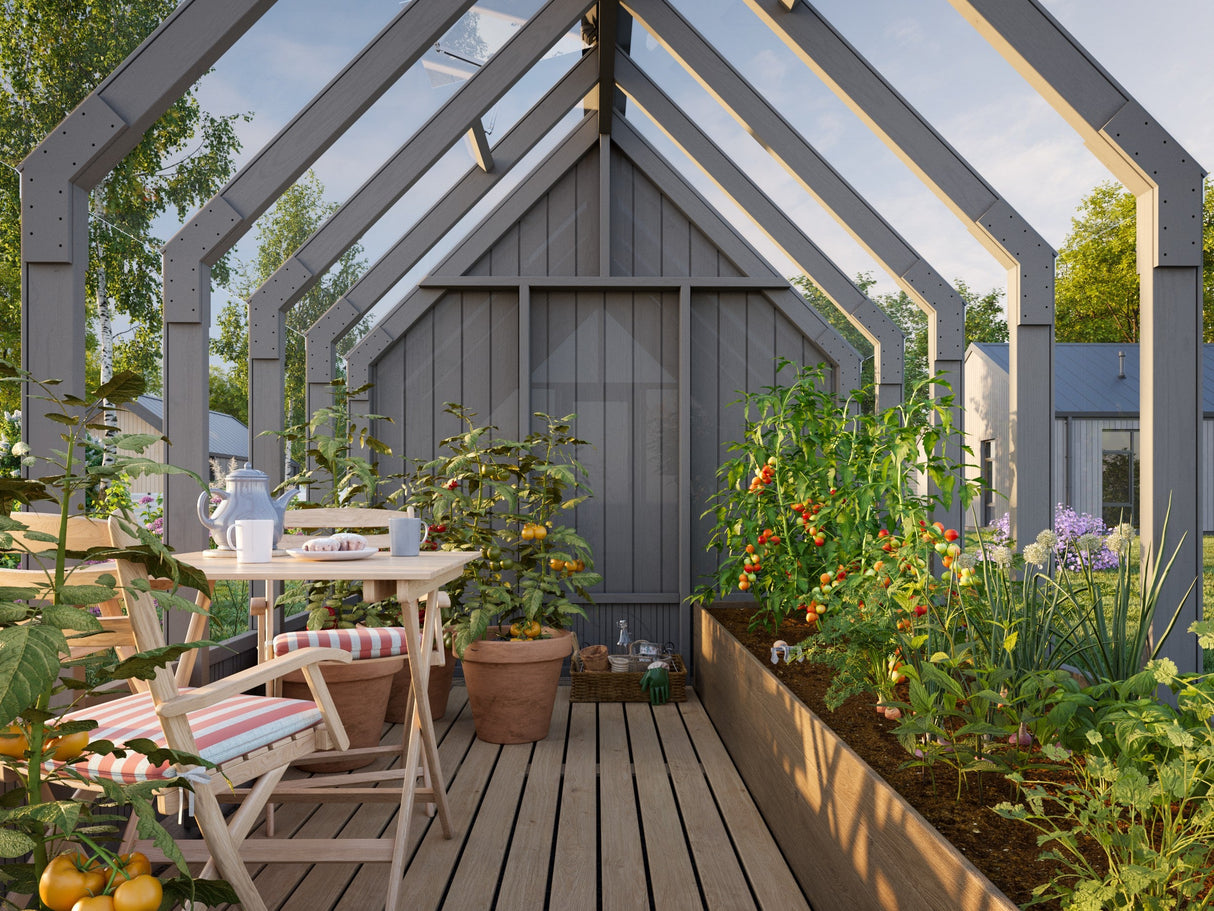 Emilia M+ (2,4x5,5 m | 8,2 + 4,0 m² | 18 mm) Kasvihuone ja työkaluvaja – maalattu harmaaksi