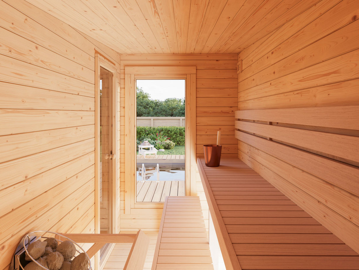Sanna Sauna XL (5,2x2,9m | 12,8m² | 44mm) Moderni pihasauna tuplasillisilla liukuovilla