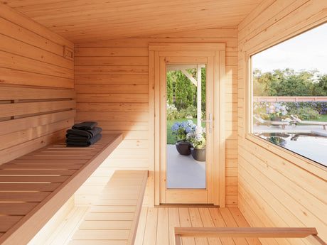 Sanna S+ (5,1x2,3m | 4,1+5,9m² | 44mm) Moderni pihasauna katoksella