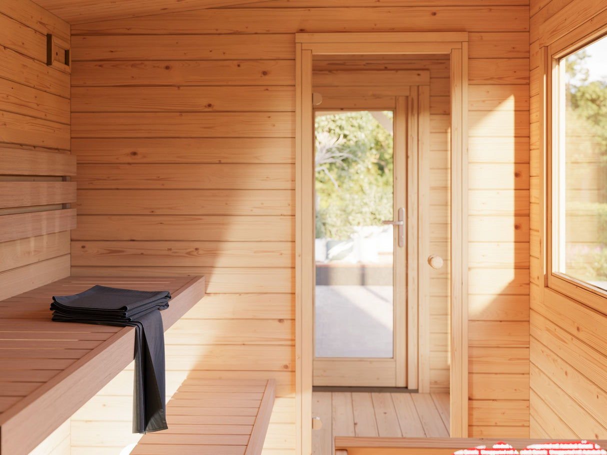 Sanna M+ (6,5x2,5m | 6,8+5,9m² | 44mm) Moderni pihasauna pukuhuoneella ja katoksella