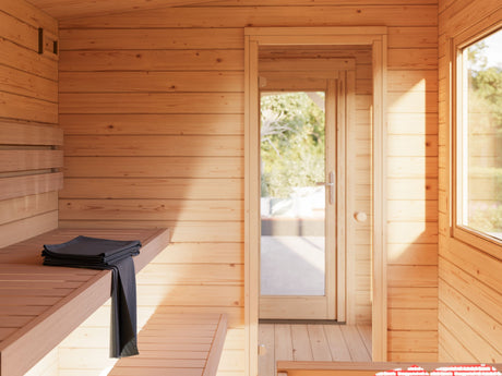 Sanna M+ (6,5x2,5m | 6,8+5,9m² | 44mm) Moderni pihasauna pukuhuoneella ja katoksella